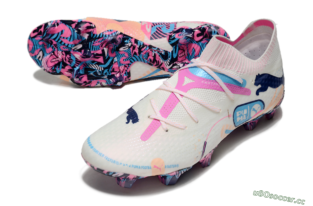 Men's Puma Future Ultimate FG Firm Ground Low-Tops Football Boots - White/Pink/Blue 3