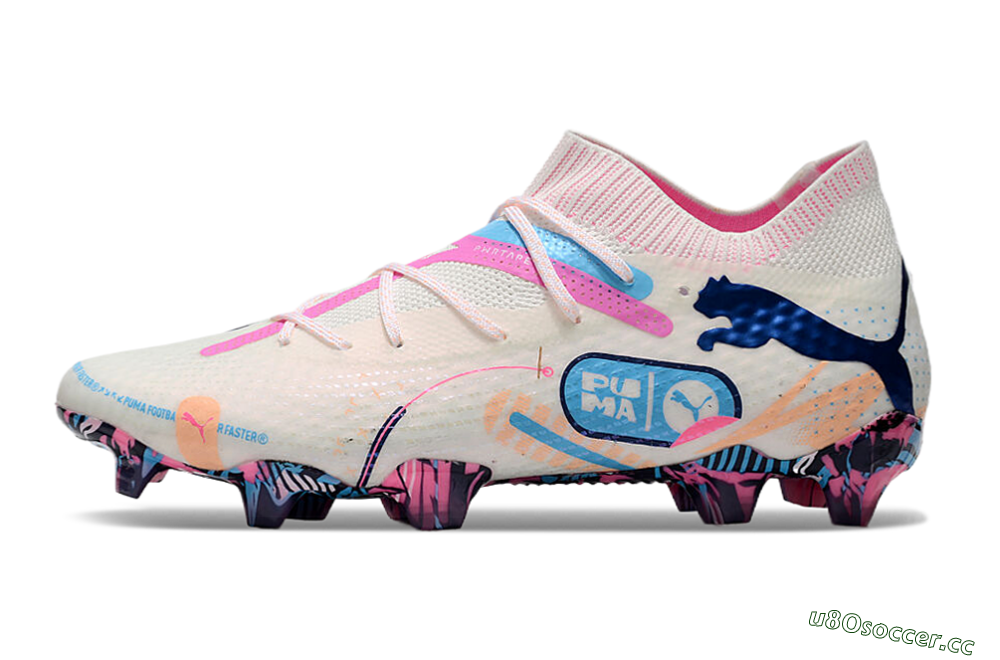 Men's Puma Future Ultimate FG Firm Ground Low-Tops Football Boots - White/Pink/Blue 0