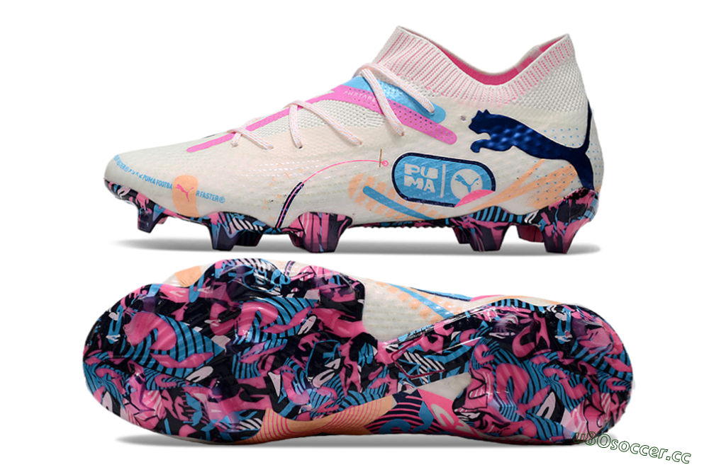 Men's Puma Future Ultimate FG Firm Ground Low-Tops Football Boots - White/Pink/Blue 1