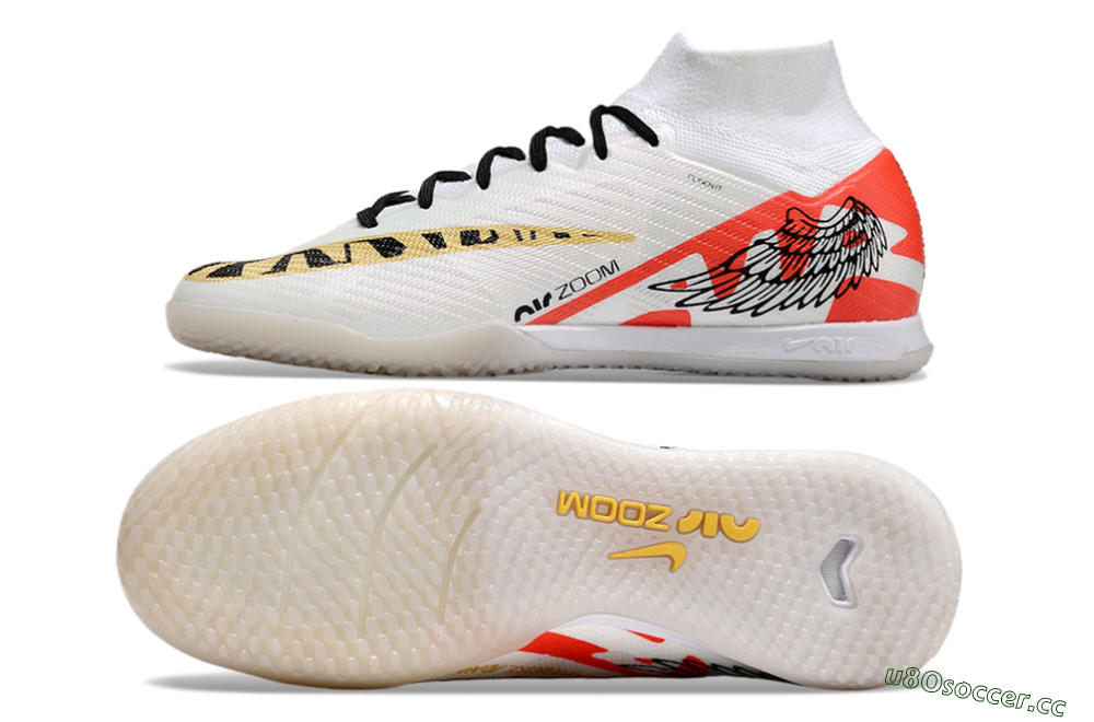 Men's Nike Air Zoom Mercurial Superfly 9 Elite IC Indoor & Futsal High-Tops Football Shoes - White/Gold/Red 1