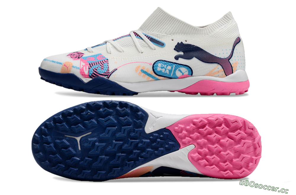 Men's Puma Future Ultimate TF Artificial Turf Low-Tops Football Shoes - White/Pink/Blue 1