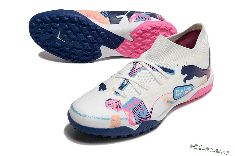 Men's Puma Future Ultimate TF Artificial Turf Low-Tops Football Shoes - White/Pink/Blue 3