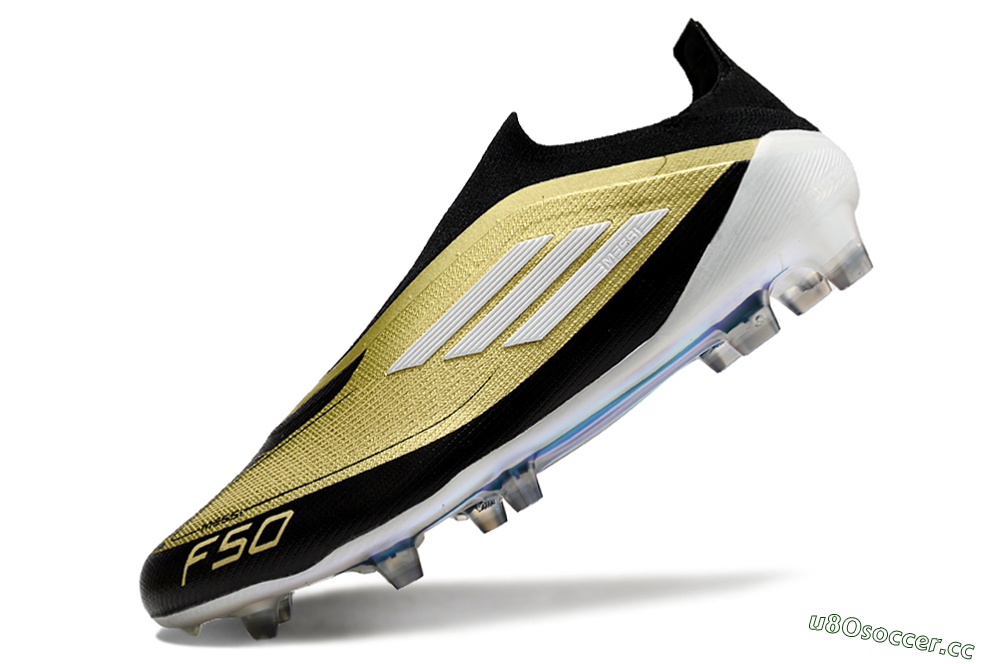 Men's Adidas F50 Adizero Messi Laceless FG Firm Ground Low-Tops Football Boots - Gold/White/Black 5