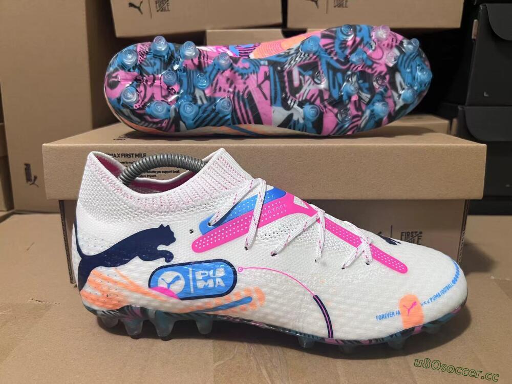 Men's Puma Future Ultimate FG Firm Ground Low-Tops Football Boots - White/Pink/Blue