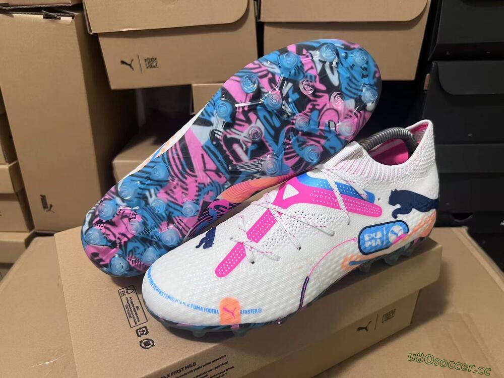 Men's Puma Future Ultimate FG Firm Ground Low-Tops Football Boots - White/Pink/Blue