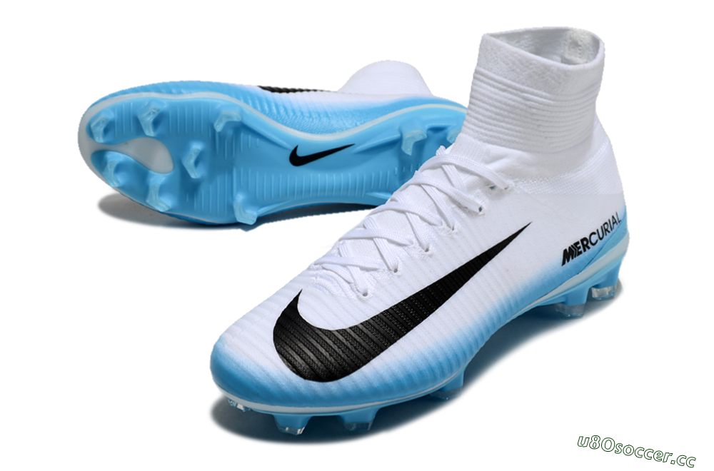 Men's Nike Zoom Mercurial Superfly 5 Elite FG Firm Ground High-Tops Football Boots - White/Black/Blue 3