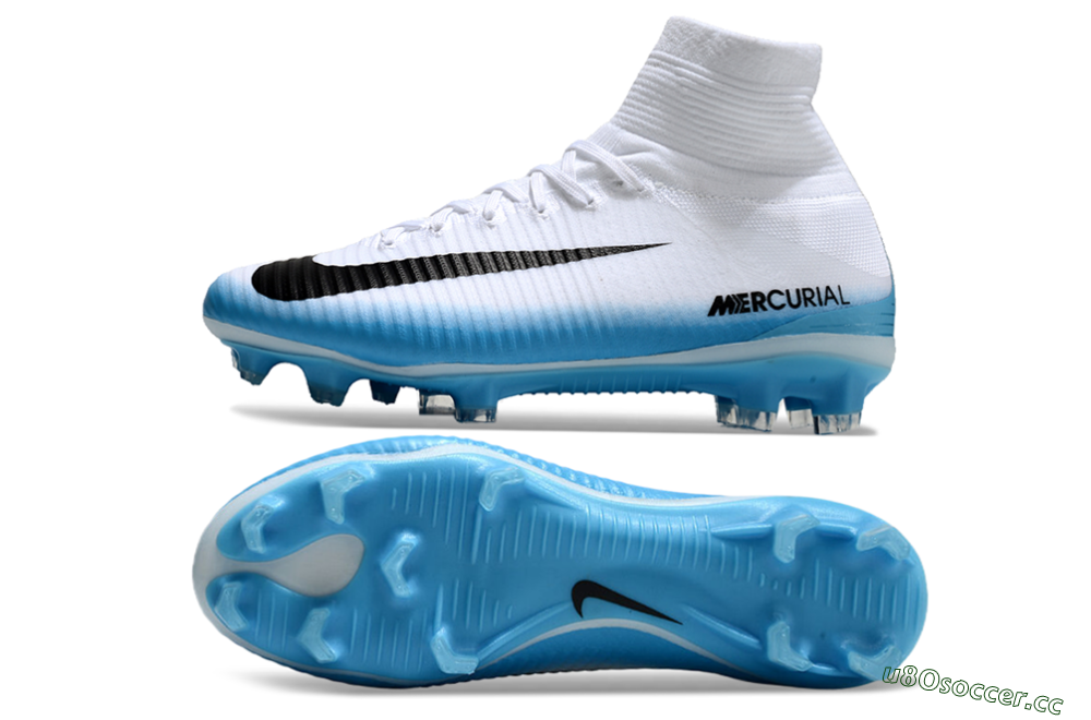 Men's Nike Zoom Mercurial Superfly 5 Elite FG Firm Ground High-Tops Football Boots - White/Black/Blue 1