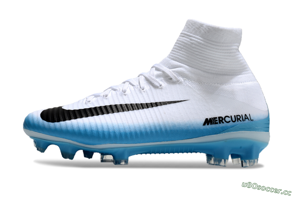 Men's Nike Zoom Mercurial Superfly 5 Elite FG Firm Ground High-Tops Football Boots - White/Black/Blue 0