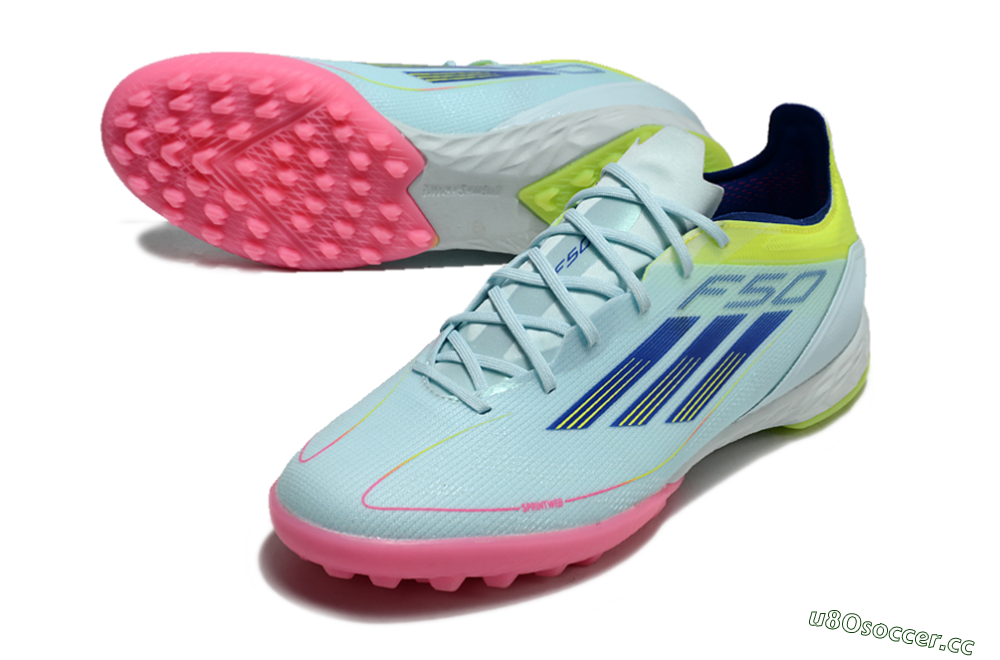 Men's Adidas F50 Pro TF Artificial Turf Low-Tops Football Shoes - Jade/Blue/Yellow/Pink 3