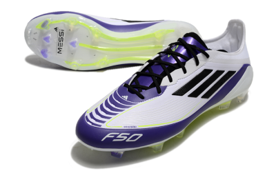 Men's Adidas F50 Elite FG Firm Ground Low-Tops Football Boots - White/Purple/Black/Yellow