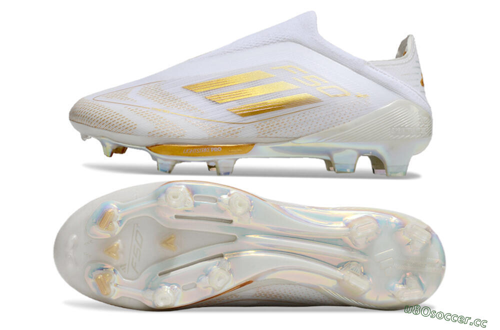 Unisex Adidas F50+ Lightstrike Pro Laceless FG Firm Ground Low-Tops Football Boots - White/Gold 1
