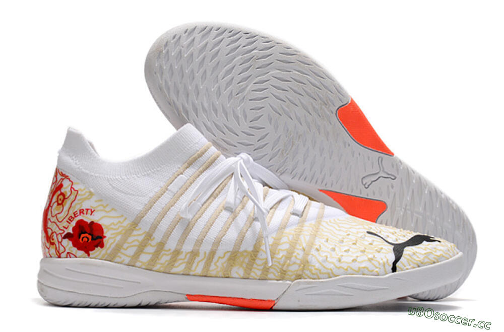 Men's Puma Future Z 1.3 Teazer IC Indoor & Futsal Low-Tops Football Shoes - White/Gold/Red 2