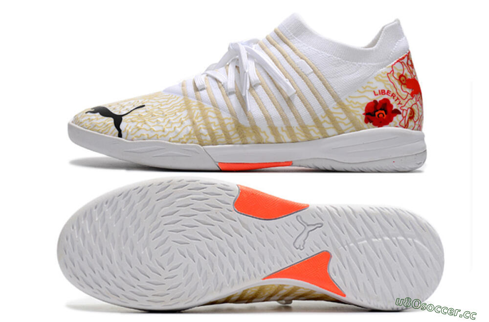 Men's Puma Future Z 1.3 Teazer IC Indoor & Futsal Low-Tops Football Shoes - White/Gold/Red 1