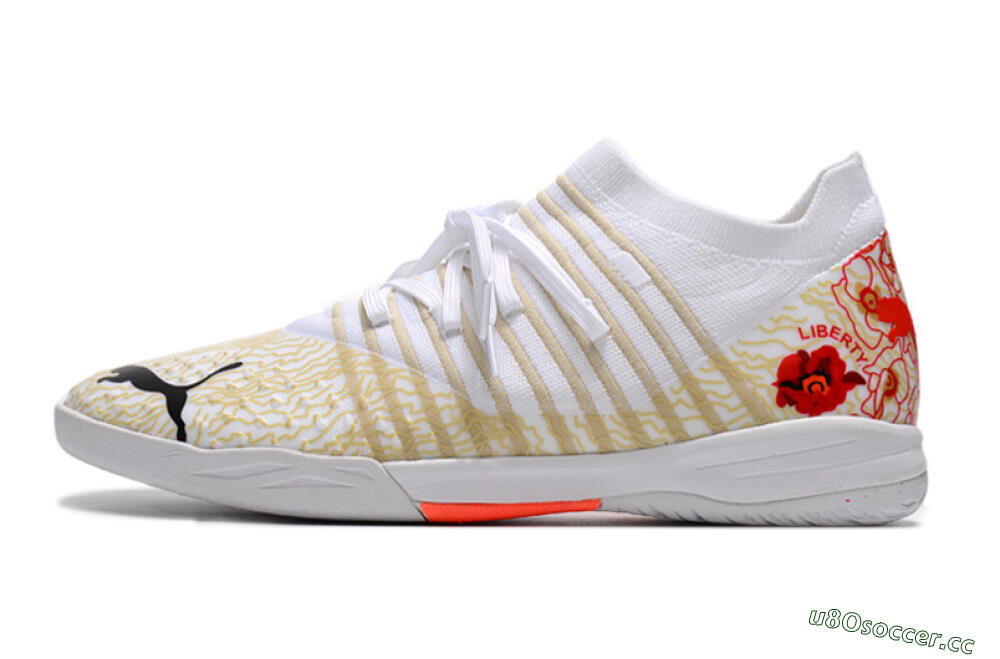 Men's Puma Future Z 1.3 Teazer IC Indoor & Futsal Low-Tops Football Shoes - White/Gold/Red 0