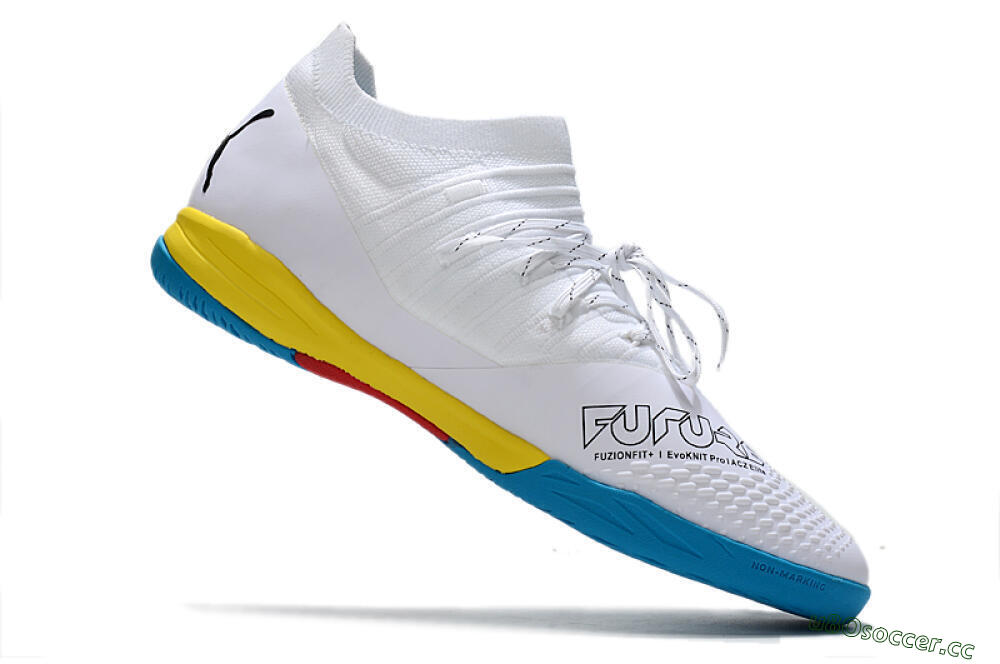 Men's Puma Future Z 1.3 Teazer IC Indoor & Futsal Low-Tops Football Shoes - White/Black/Blue/Yellow/Red 4