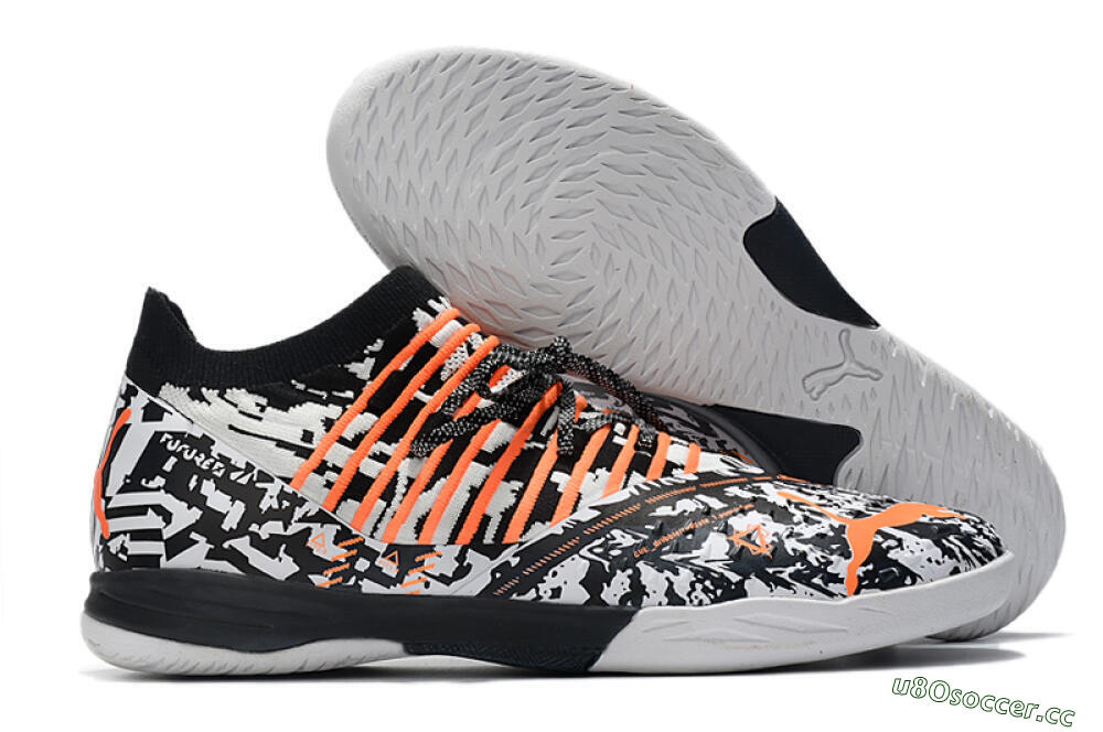 Men's Puma Future Z 1.3 Teazer IC Indoor & Futsal Low-Tops Football Shoes - White/Black/Orange 2
