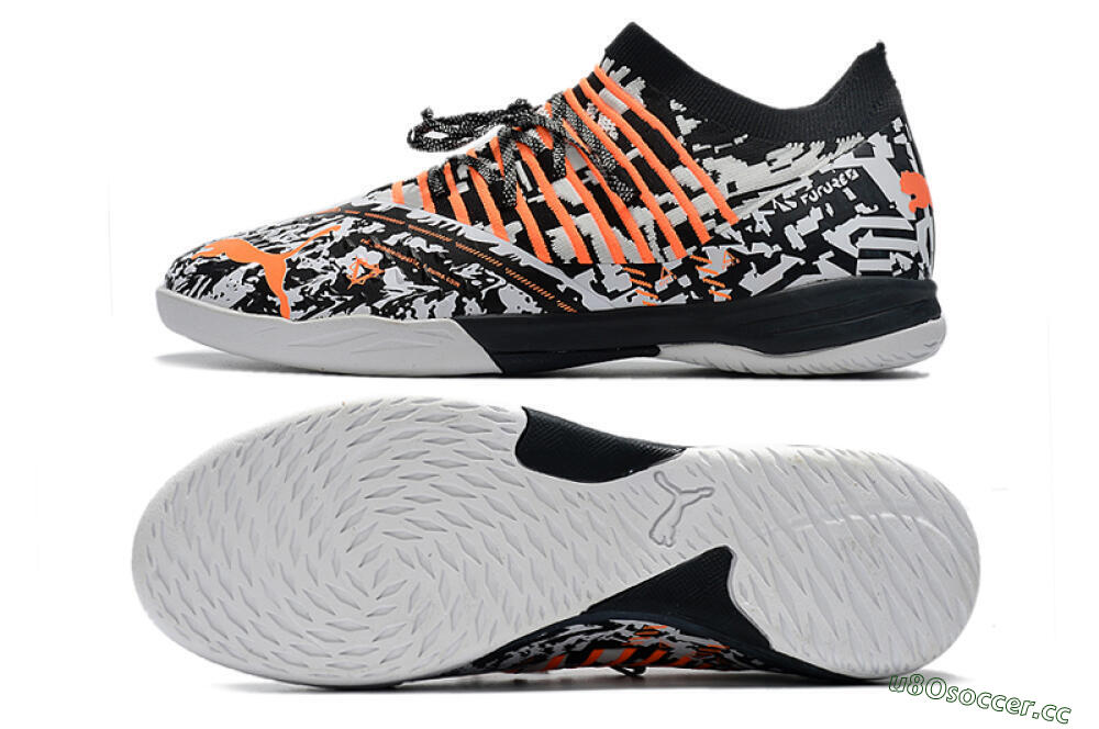 Men's Puma Future Z 1.3 Teazer IC Indoor & Futsal Low-Tops Football Shoes - White/Black/Orange 1