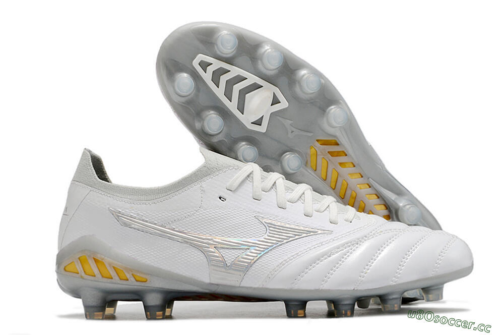 Men's Mizuno Morelia Neo 3 FG Firm Ground Low-Tops Football Boots - White/Silver/Yellow 2