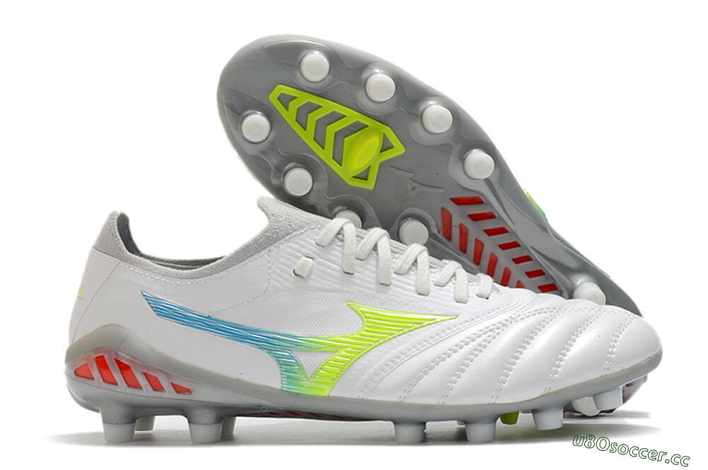 Men's Mizuno Morelia Neo 3 FG Firm Ground Low-Tops Football Boots - White/Rainbow/Silver 2