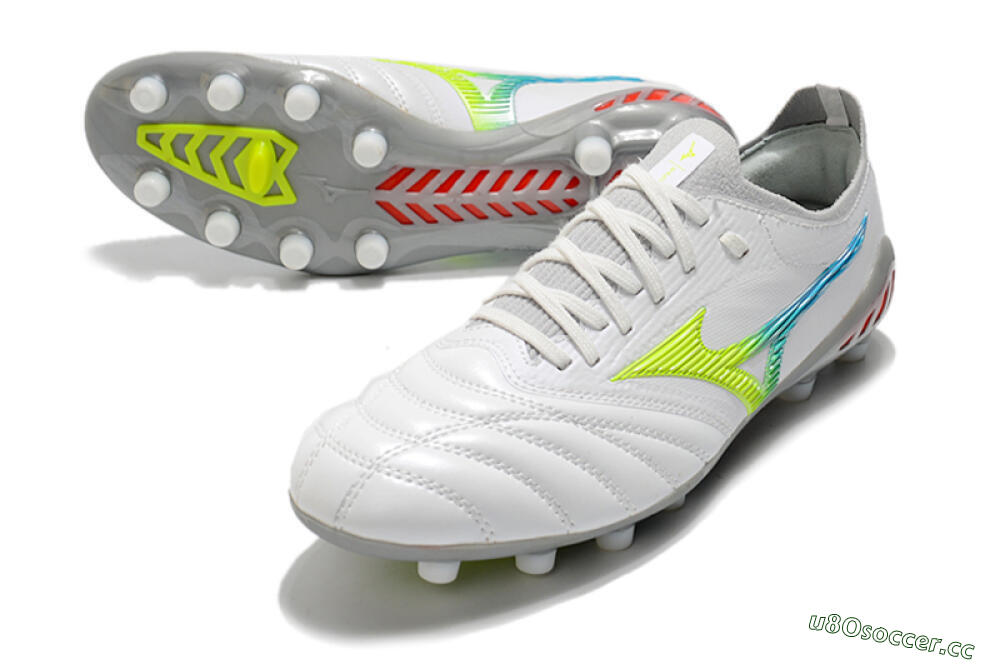 Men's Mizuno Morelia Neo 3 FG Firm Ground Low-Tops Football Boots - White/Rainbow/Silver 3