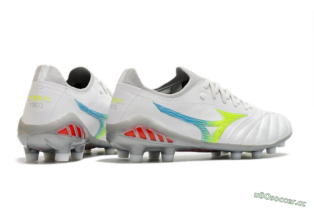 Men's Mizuno Morelia Neo 3 FG Firm Ground Low-Tops Football Boots - White/Rainbow/Silver 6