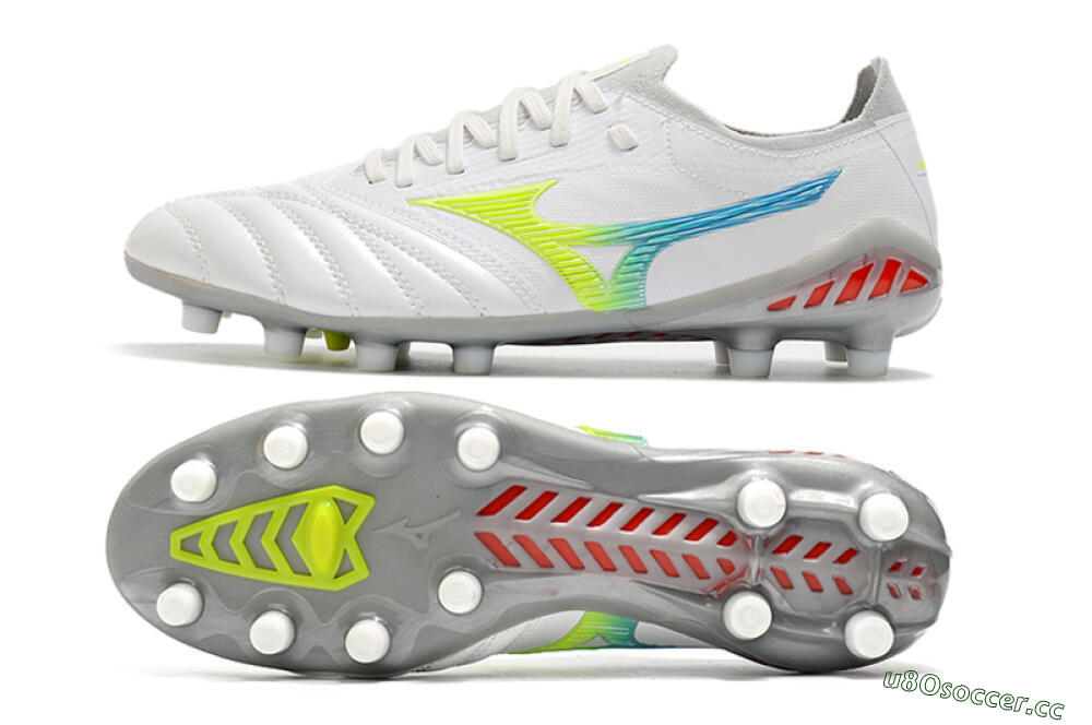 Men's Mizuno Morelia Neo 3 FG Firm Ground Low-Tops Football Boots - White/Rainbow/Silver 1