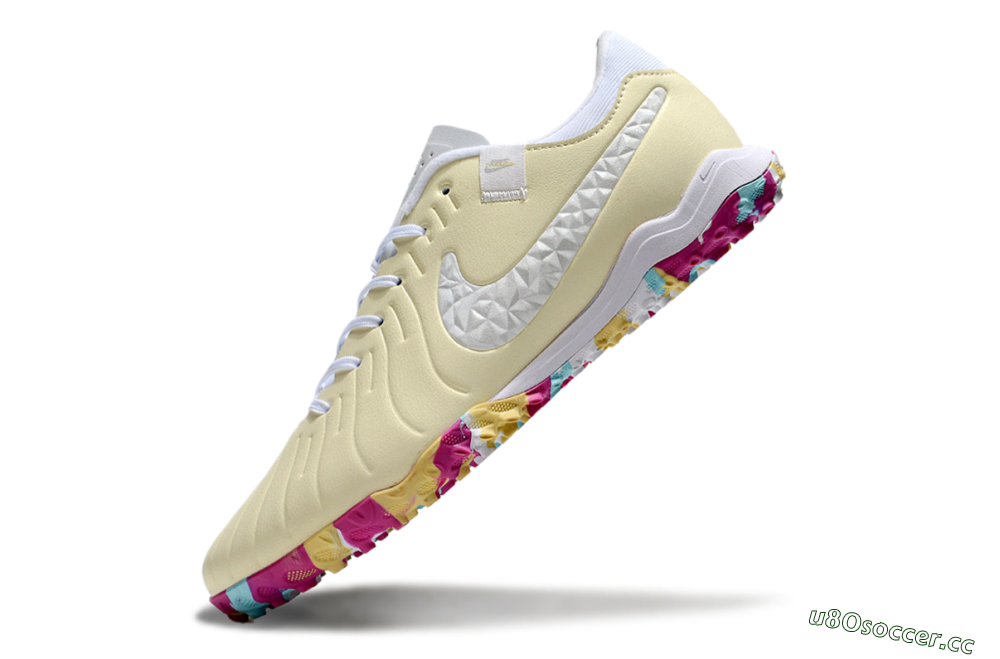 Men's Nike Tiempo Legend 10 Pro TF Artificial Turf Low-Tops Football Shoes - Beige/White/Rainbow 5