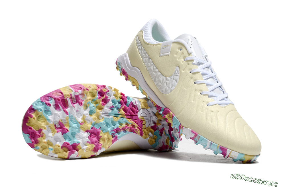 Men's Nike Tiempo Legend 10 Pro TF Artificial Turf Low-Tops Football Shoes - Beige/White/Rainbow 1