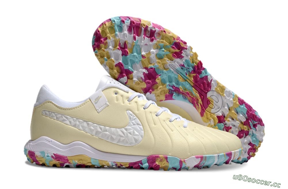 Men's Nike Tiempo Legend 10 Pro TF Artificial Turf Low-Tops Football Shoes - Beige/White/Rainbow 2