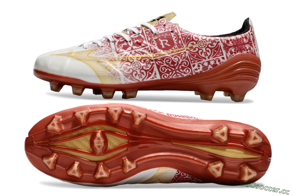 Men's Mizuno Morelia Neo FG Firm Ground Low-Tops Football Boots - White/Red/Gold 1