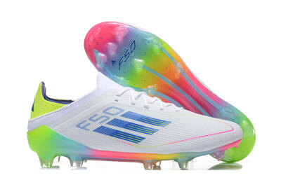 Men's Adidas F50 Elite FG Firm Ground Low-Tops Football Boots - White/Blue/Yellow/Pink