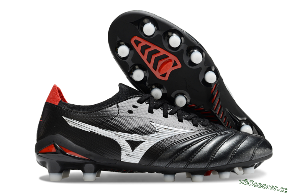 Men's Mizuno Morelia Neo 4 FG Firm Ground Low-Tops Football Boots - Black/White/Red 2