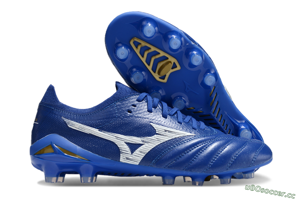 Men's Mizuno Morelia Neo 4 FG Firm Ground Low-Tops Football Boots - Blue/White/Gold 2