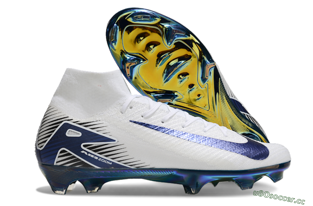 Men's Nike Air Zoom Mercurial Superfly 10 Elite FG Firm Ground High-Tops Football Boots - White/Blue/Gold 2