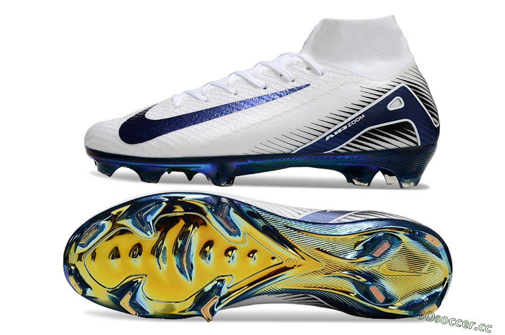 Men's Nike Air Zoom Mercurial Superfly 10 Elite FG Firm Ground High-Tops Football Boots - White/Blue/Gold 1