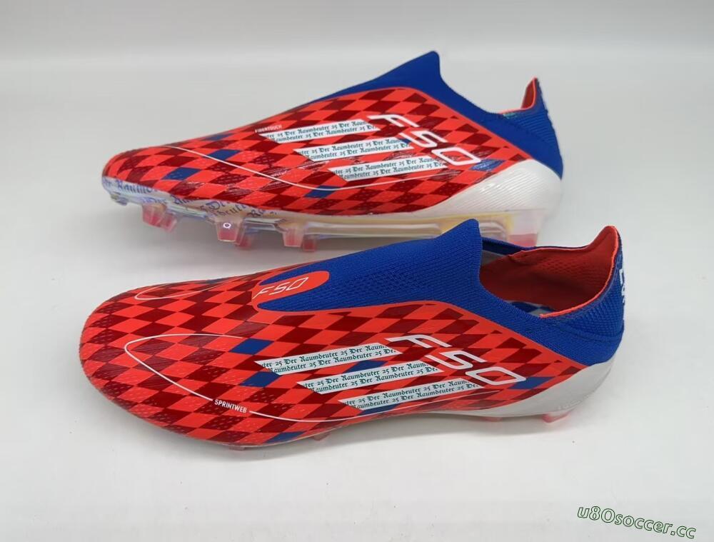 Men's Adidas F50+ Lightstrike Elite Laceless FG Firm Ground Low-Tops Football Boots - Red/Blue/White