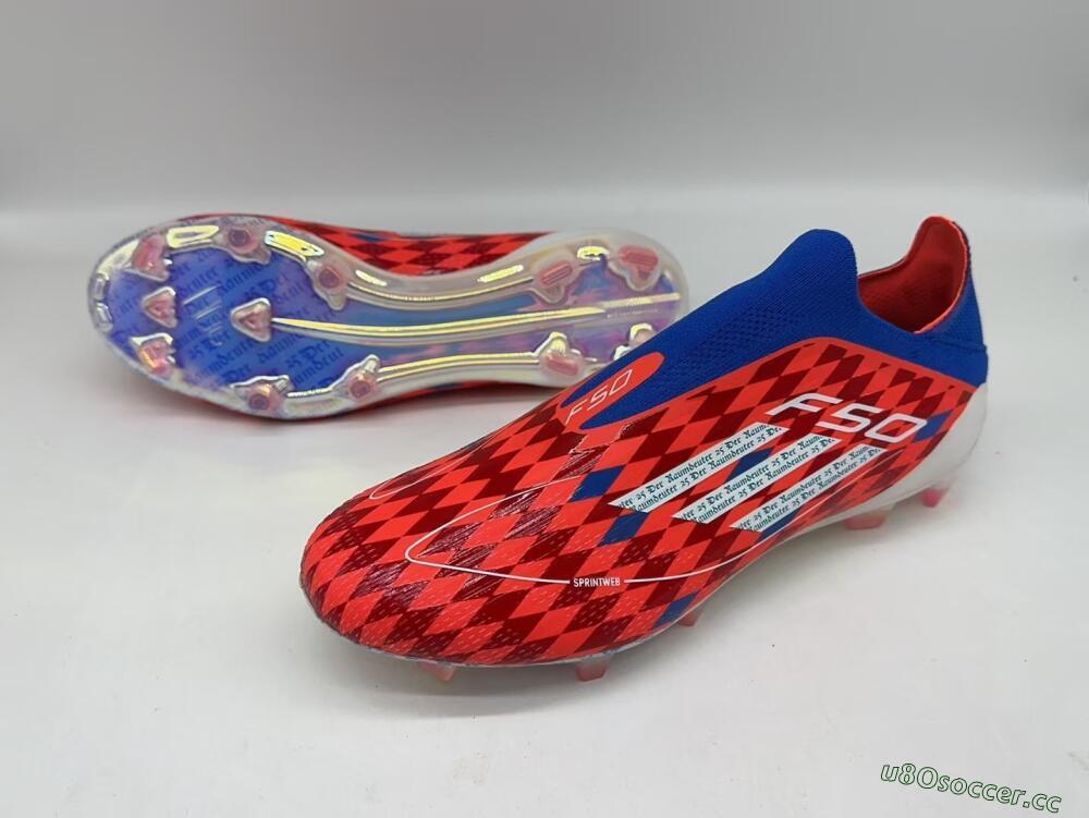 Men's Adidas F50+ Lightstrike Elite Laceless FG Firm Ground Low-Tops Football Boots - Red/Blue/White