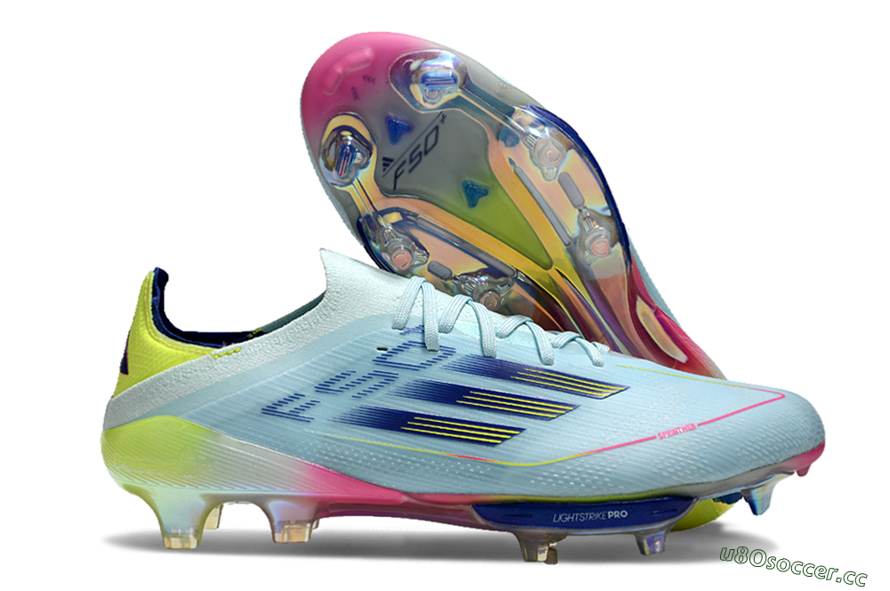 Men's Adidas F50+ Lightstrike Elite FG Firm Ground Low-Tops Football Boots - Blue/Yellow/Pink 2