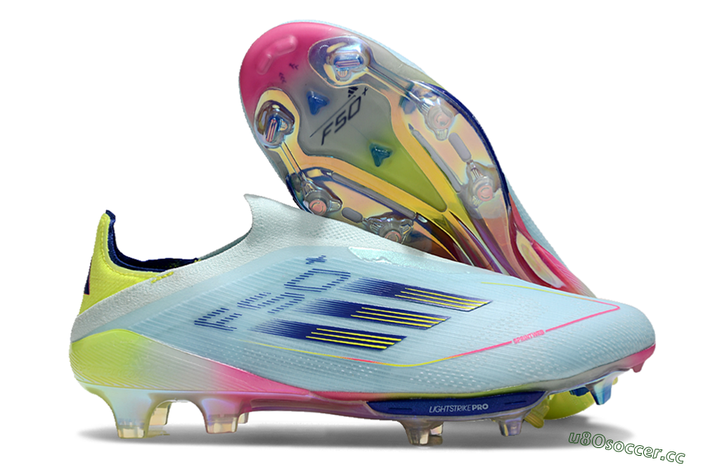 Men's Adidas F50+ Lightstrike Elite Laceless FG Firm Ground Low-Tops Football Boots - Blue/Yellow/Pink 2