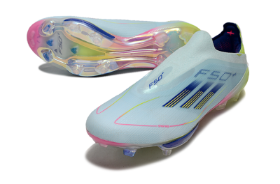 Men's Adidas F50+ Lightstrike Elite Laceless FG Firm Ground Low-Tops Football Boots - Blue/Yellow/Pink