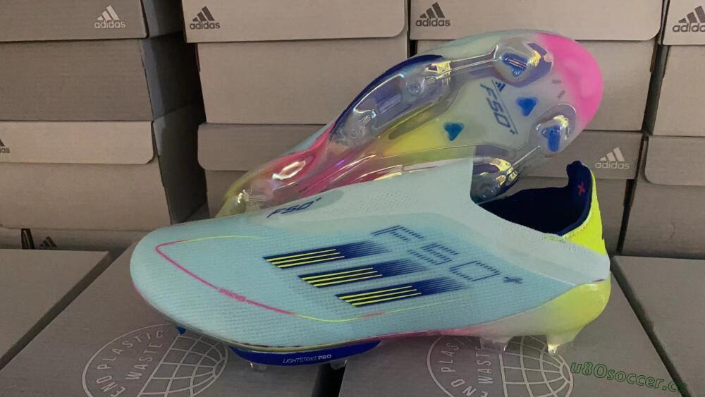 Men's Adidas F50+ Lightstrike Elite Laceless FG Firm Ground Low-Tops Football Boots - Blue/Yellow/Pink
