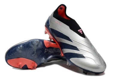 Men's Adidas Predator 24 Elite laceless FG Firm Ground Low-Tops Football Boots - Silver/Blue/Red