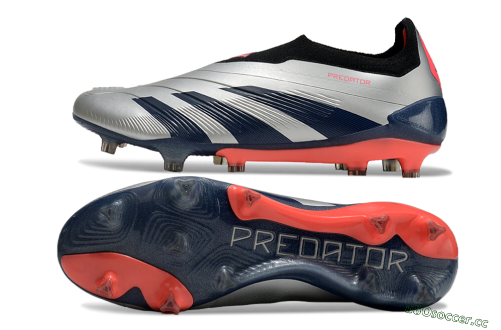 Men's Adidas Predator 24 Elite laceless FG Firm Ground Low-Tops Football Boots - Silver/Blue/Red 1