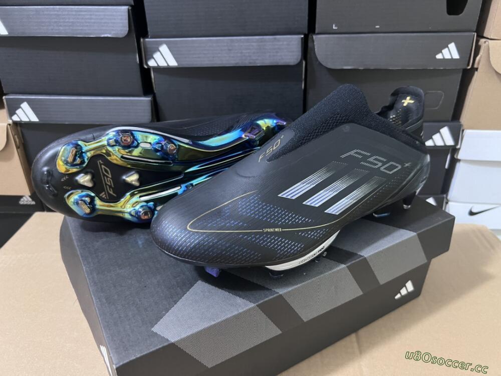 Men's Adidas F50+ Lightstrike Pro Laceless FG Firm Ground Low-Tops Football Boots - Core Black/Iron Metallic/Gold Metallic