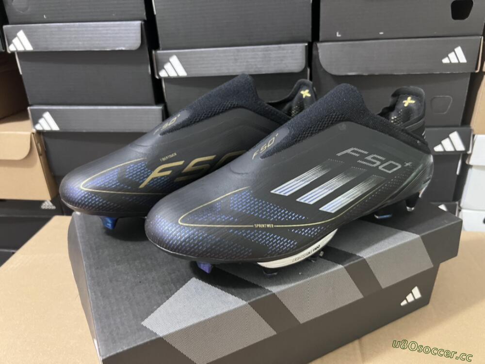 Men's Adidas F50+ Lightstrike Pro Laceless FG Firm Ground Low-Tops Football Boots - Core Black/Iron Metallic/Gold Metallic