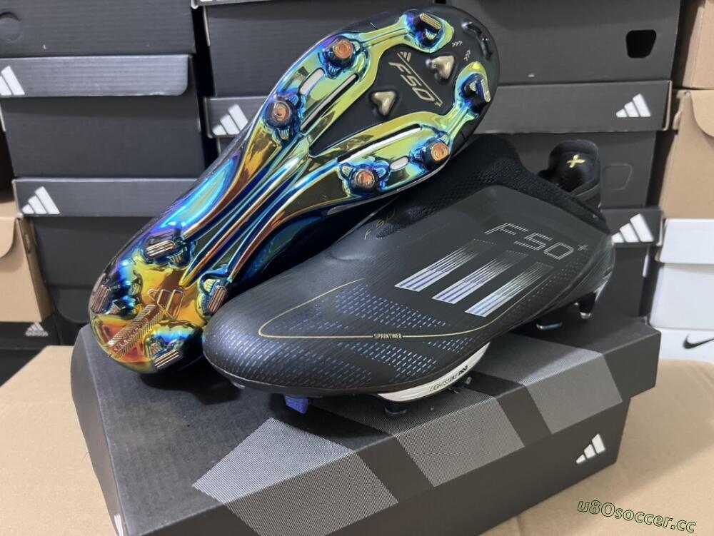Men's Adidas F50+ Lightstrike Pro Laceless FG Firm Ground Low-Tops Football Boots - Core Black/Iron Metallic/Gold Metallic