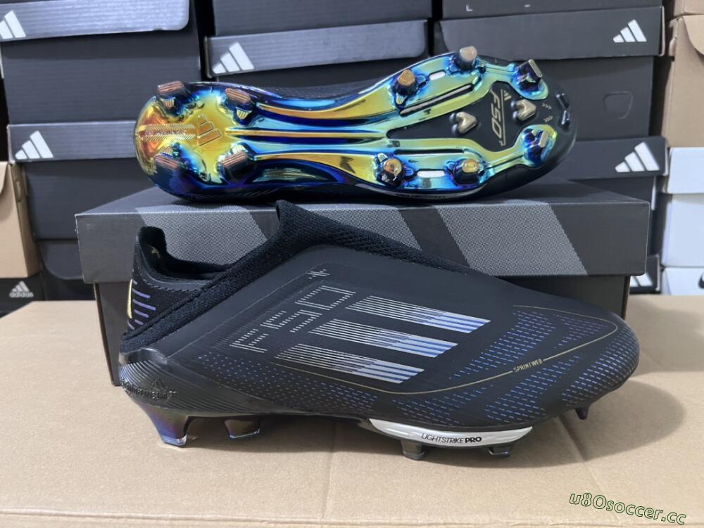 Men's Adidas F50+ Lightstrike Pro Laceless FG Firm Ground Low-Tops Football Boots - Core Black/Iron Metallic/Gold Metallic