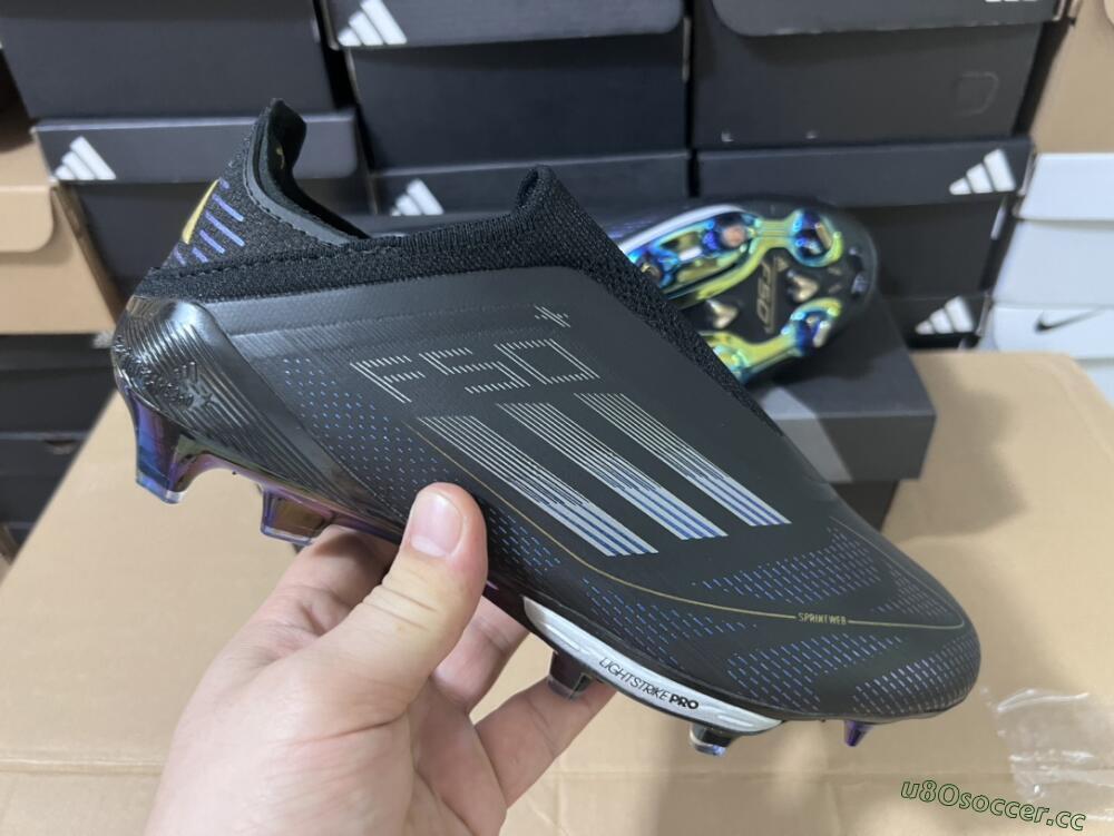 Men's Adidas F50+ Lightstrike Pro Laceless FG Firm Ground Low-Tops Football Boots - Core Black/Iron Metallic/Gold Metallic