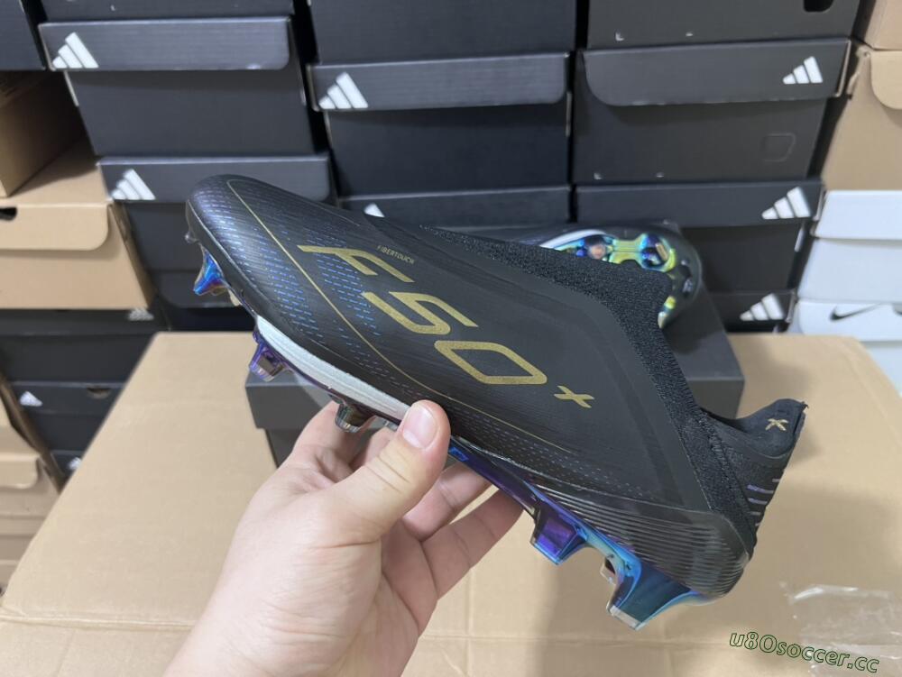 Men's Adidas F50+ Lightstrike Pro Laceless FG Firm Ground Low-Tops Football Boots - Core Black/Iron Metallic/Gold Metallic