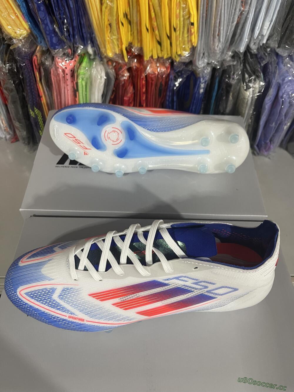 Men's Adidas F50 Elite AG Artificial Grass Low-Tops Football Boots - White/Blue/Red
